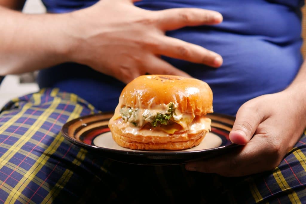 Fast food sandwich on a plate in front of a person's stomach