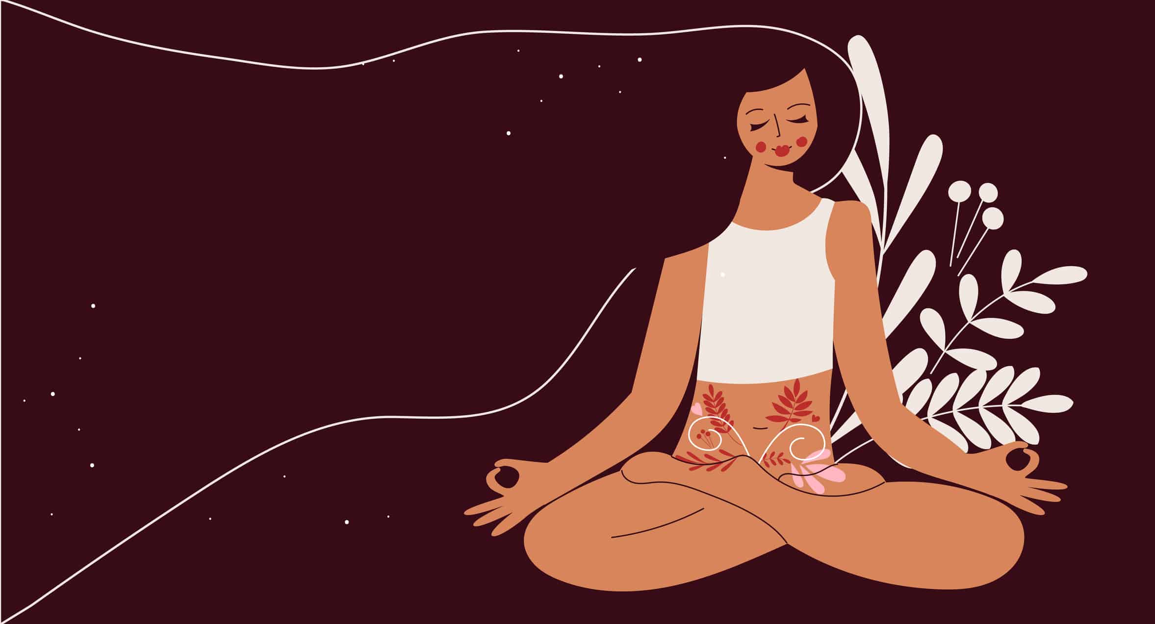 A cartoon image of a girl in a meditation pose with flowers around her stomach.